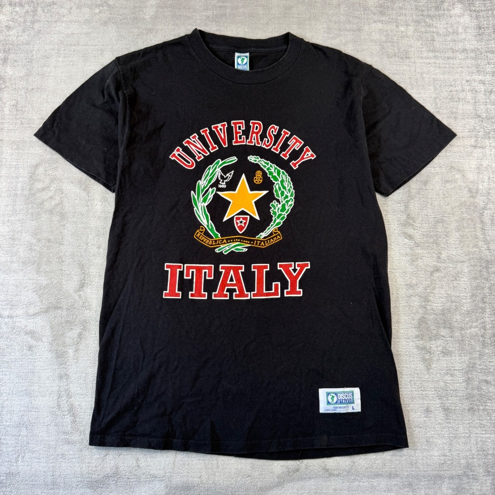 Vintage University Italy Shirt Mens Large Black Graphic Discus Athletic USA Made
